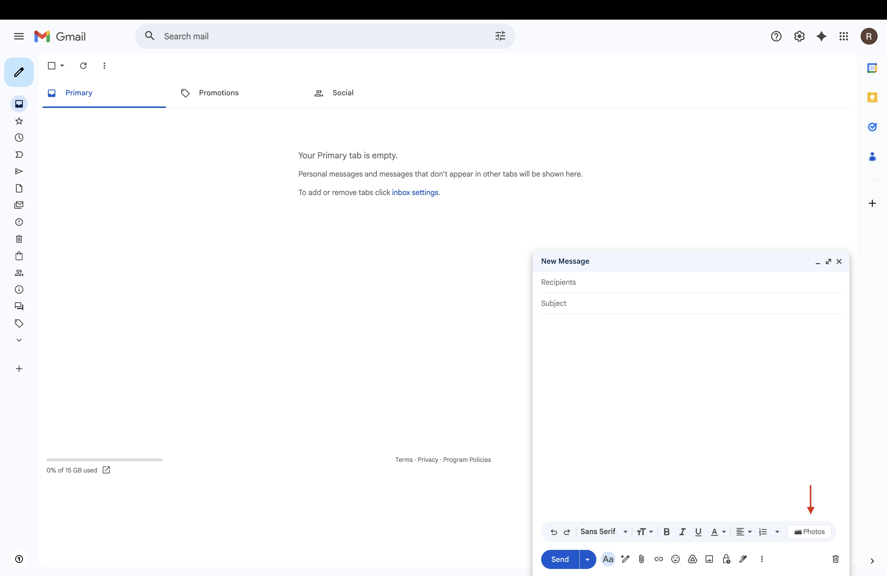 Photos button in compose toolbar